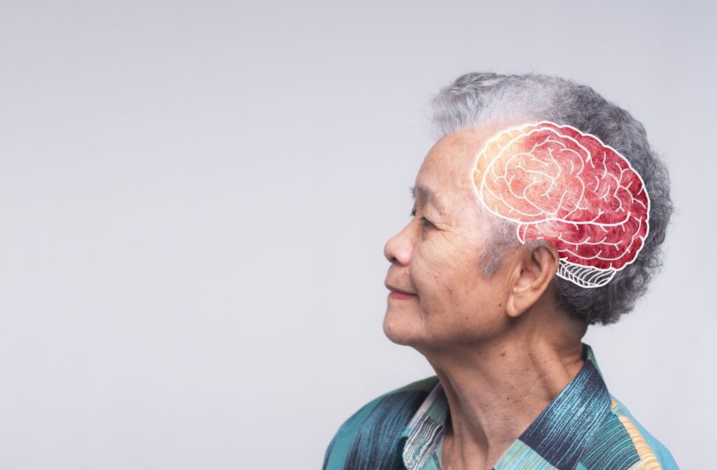 a profile of an older woman with a brain illustrated on her head with a white background symbolizing memory care.