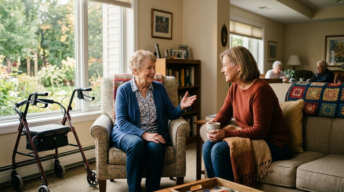 A senior smiles as they share positive feedback about their transitional care recovery with a visiting family member in a senior living setting. 