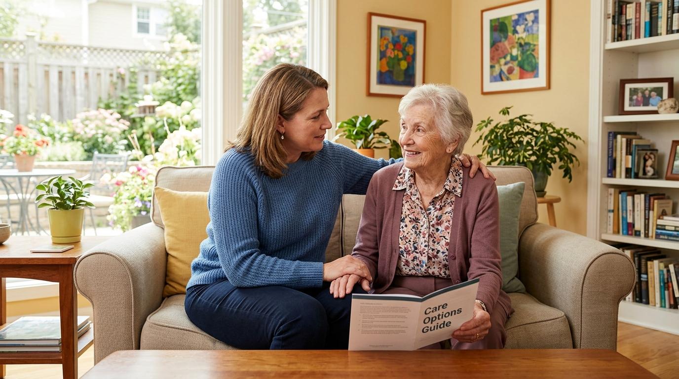 An older adult and family member sit together as they review senior living care options.