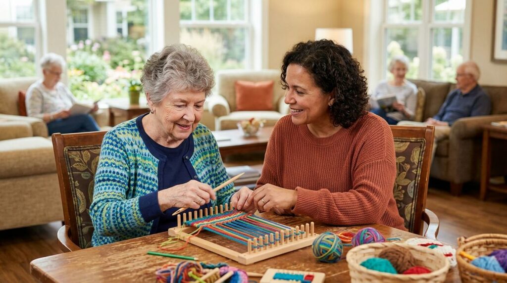 An occupational therapist guides a senior adult through post-acute recovery exercises at a senior living community.