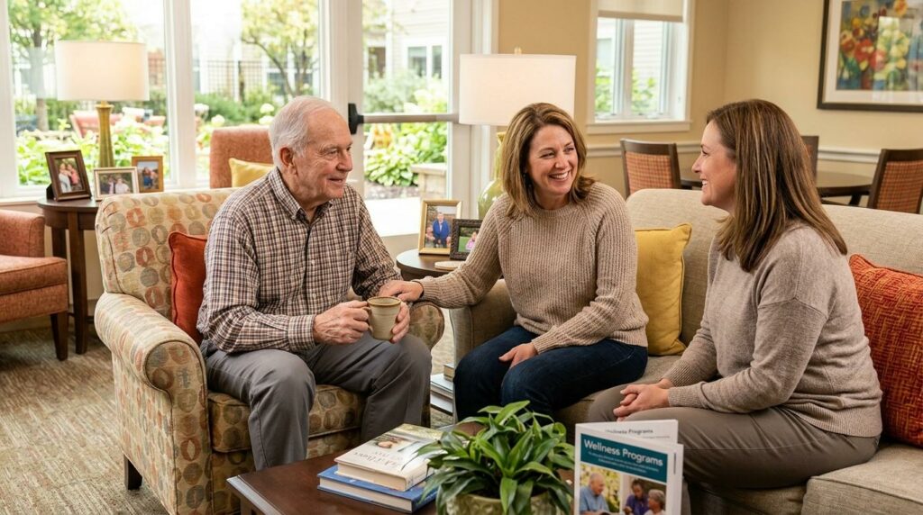 Skilled nursing team member supporting a family caregiver in a warm senior living community setting.