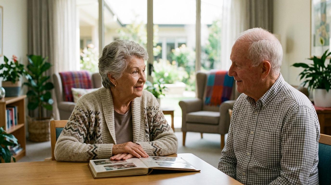 Caregiver supporting a senior resident in a memory care and skilled nursing community setting.