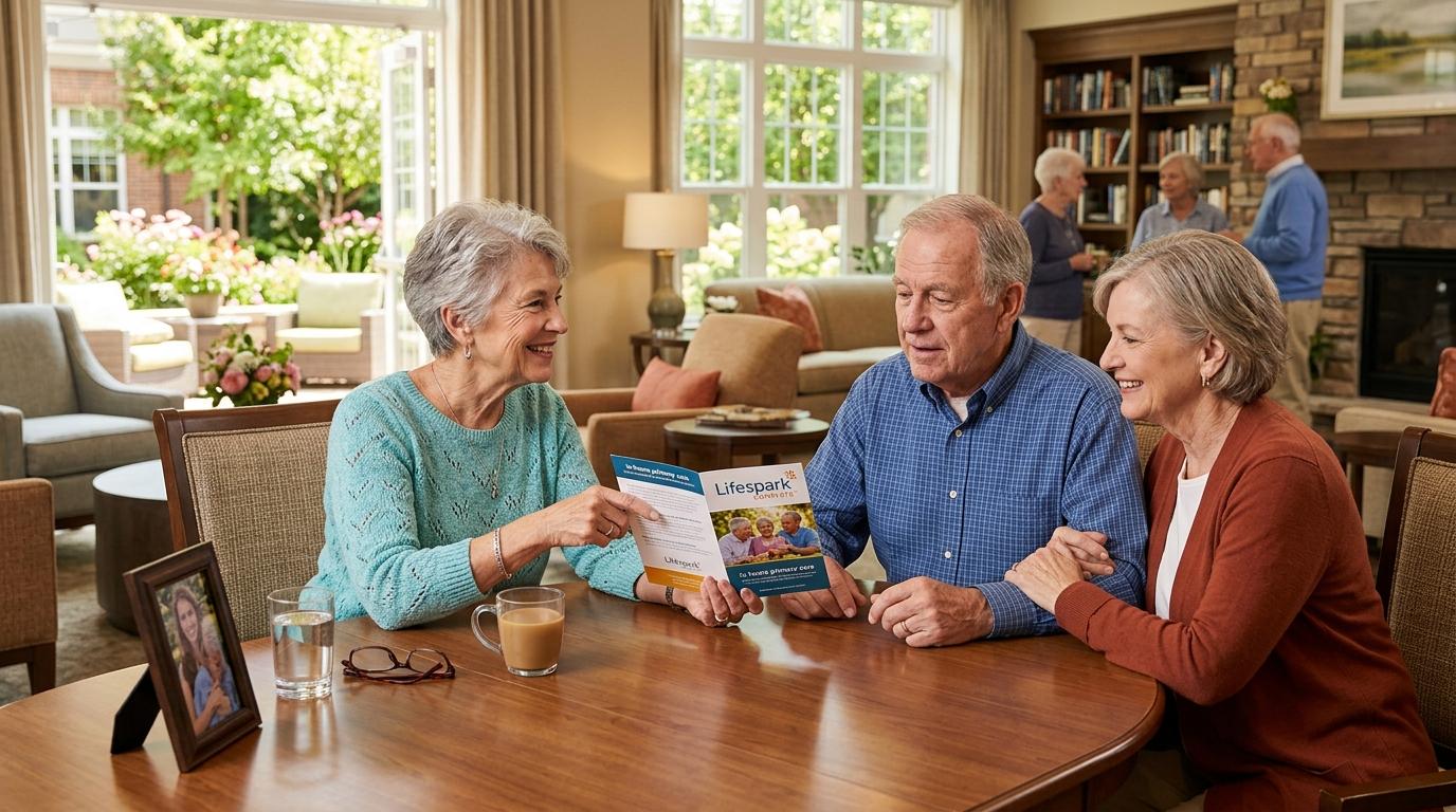 A group of seniors sitting together at a dining table in a bright living room setting. 