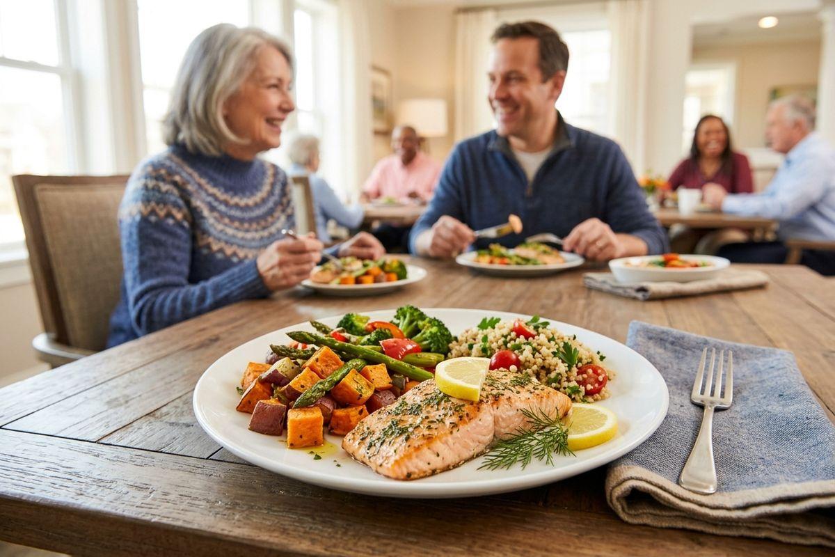 A close-up of a plate of salmon, roasted vegetables, and grain salad on a dining table. Several smiling adults eat and converse in the background.