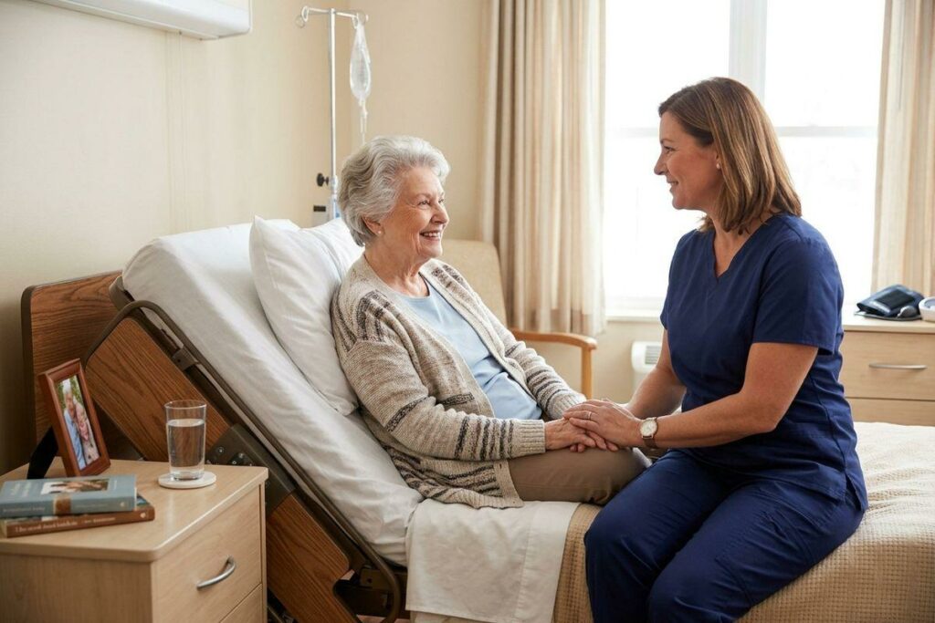 A nurse sits on a hospital bed holding hands with a smiling older adult patient in a clinic room with an IV stand nearby.