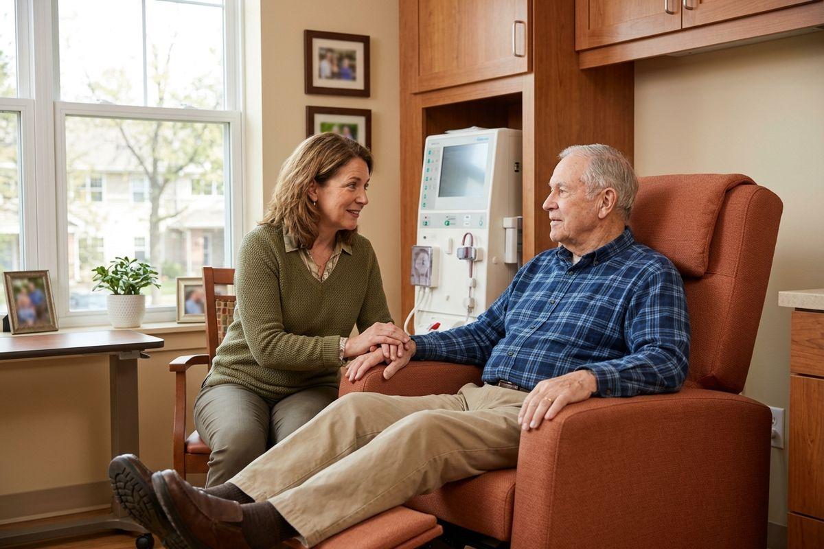 An older adult sits in a recliner connected to a home dialysis machine while their loved one holds their hand and smiles.